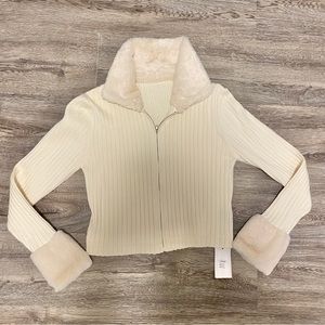 Cider Faux Fur Trim Cardigan - L - Cream/ White